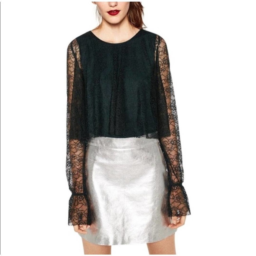 Zara Womens Lace Overlay‎ Bell Sleeve Top Size Small Dark Green